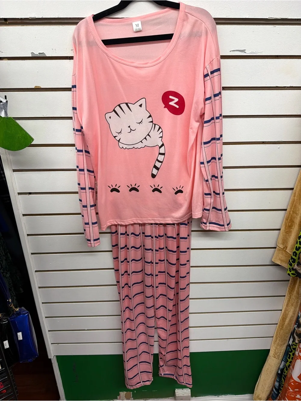 Pink Cat Print Long Sleeve Pajama Set Size Medium